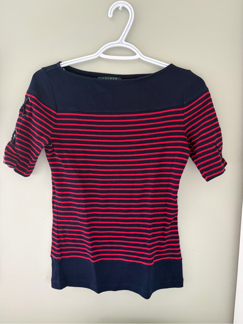 Ralph Lauren Navy and Red Striped Short-Sleeve Boatneck Top